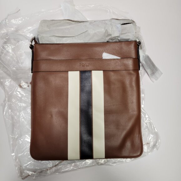 Coach New York Brown Pebbled Leather Charles Varsity Stripe Bag New W Tag - Picture 1 of 13